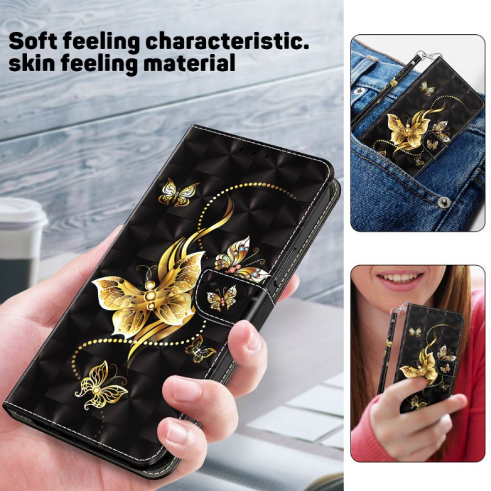 Flip Case Leren Samsung Galaxy S24 Plus 5g Gouden Vlinders Met Riem