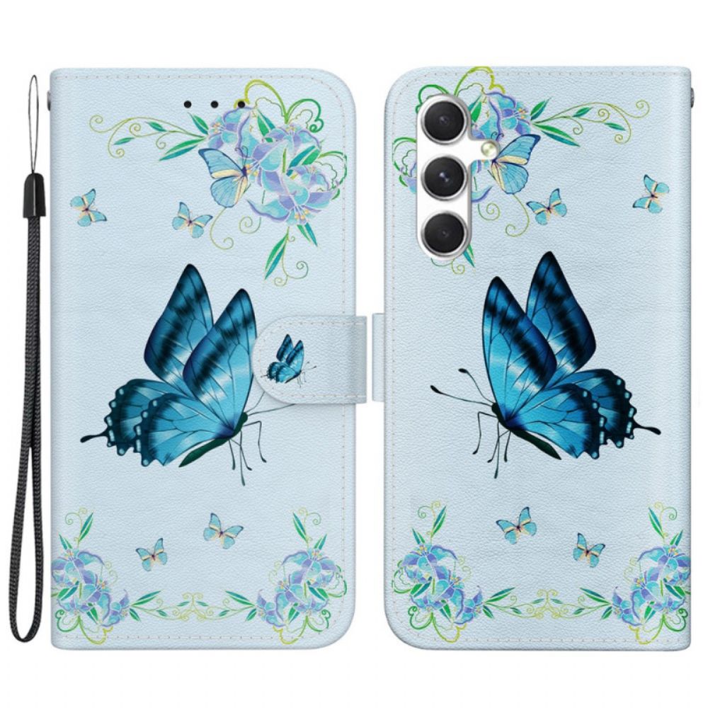 Folio-hoesje Samsung Galaxy S24 Plus 5g Telefoonhoesje Blauwe Vlinder En Bloem Met Riempje