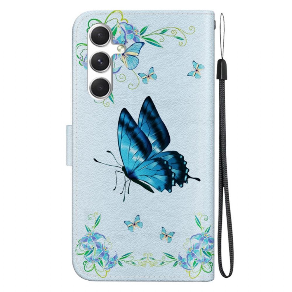 Folio-hoesje Samsung Galaxy S24 Plus 5g Telefoonhoesje Blauwe Vlinder En Bloem Met Riempje