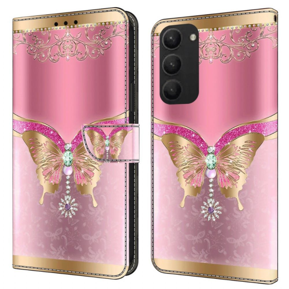 Folio-hoesje Samsung Galaxy S24 Plus 5g Telefoonhoesje Roze En Gouden Vlinder