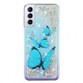 Hoesje Samsung Galaxy S24 Plus 5g Blauwe Vlinders Vloeibare Glitter Bescherming Hoesje