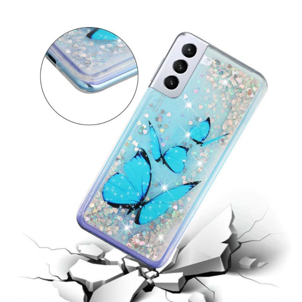 Hoesje Samsung Galaxy S24 Plus 5g Blauwe Vlinders Vloeibare Glitter Bescherming Hoesje