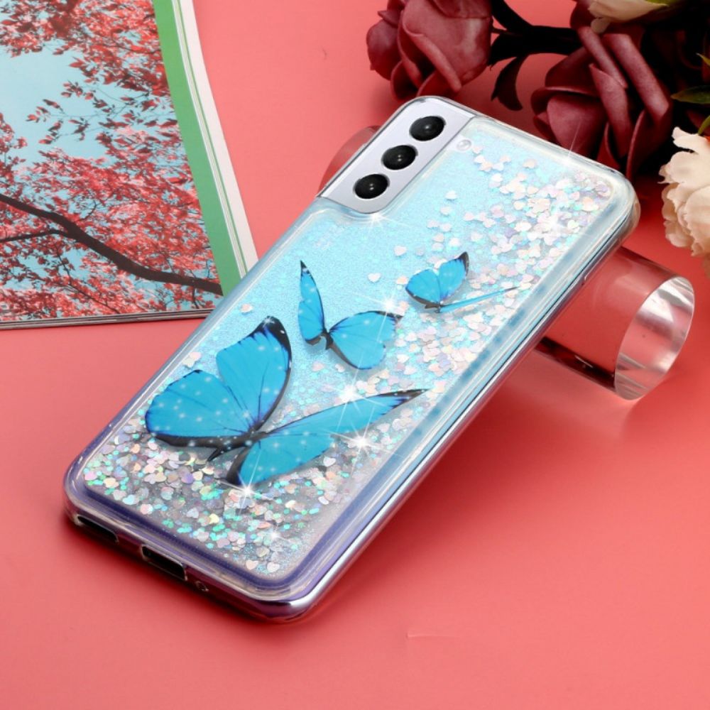 Hoesje Samsung Galaxy S24 Plus 5g Blauwe Vlinders Vloeibare Glitter Bescherming Hoesje