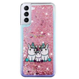 Hoesje Samsung Galaxy S24 Plus 5g Vloeibare Glitter Drie Eenhoorns