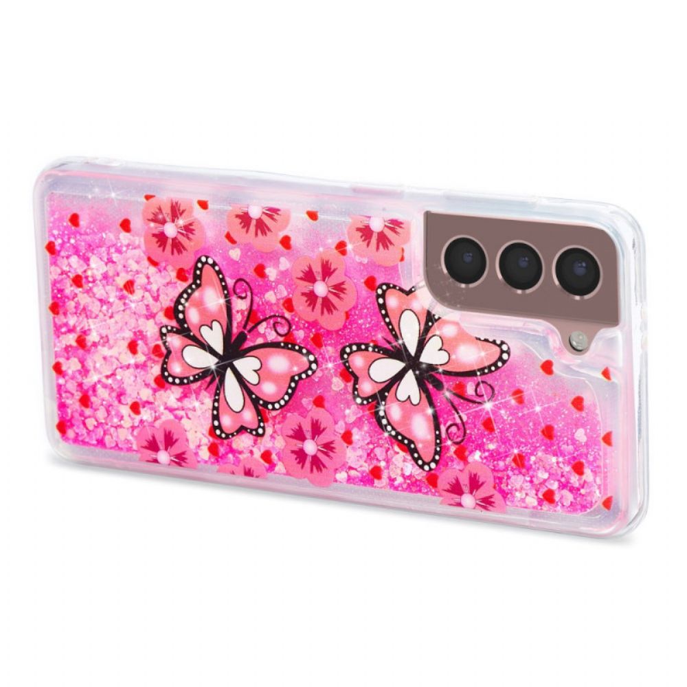 Hoesje Voor Samsung Galaxy S24 Plus 5g Rode Vlinders Vloeibare Glitters