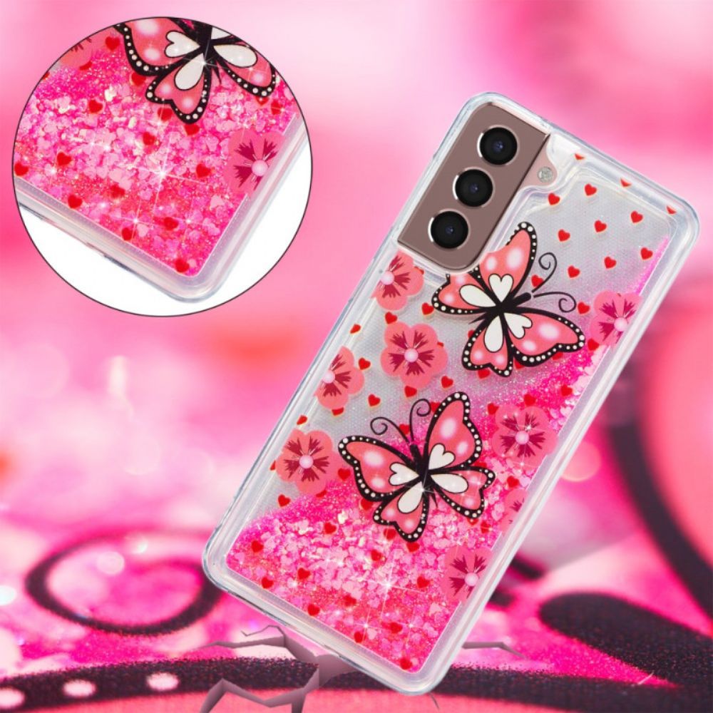 Hoesje Voor Samsung Galaxy S24 Plus 5g Rode Vlinders Vloeibare Glitters