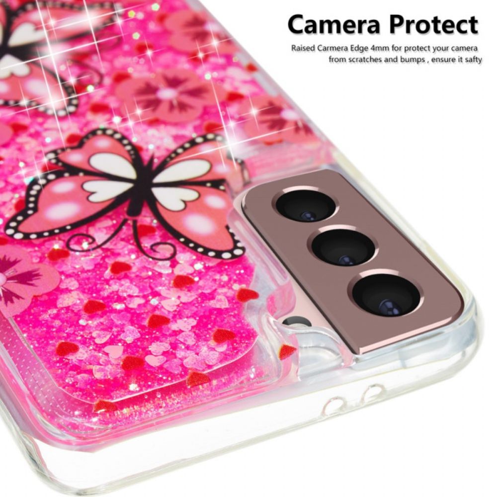 Hoesje Voor Samsung Galaxy S24 Plus 5g Rode Vlinders Vloeibare Glitters