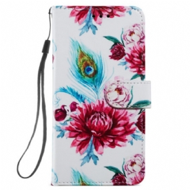 Leren Hoesje Samsung Galaxy S24 Plus 5g Bandje Met Pauwbloemmotief Bescherming Hoesje