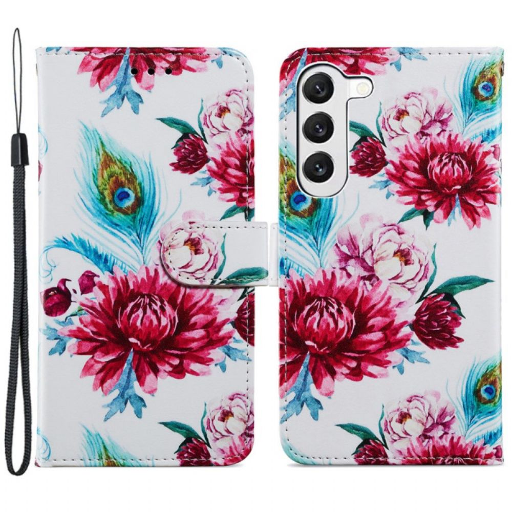 Leren Hoesje Samsung Galaxy S24 Plus 5g Bandje Met Pauwbloemmotief Bescherming Hoesje