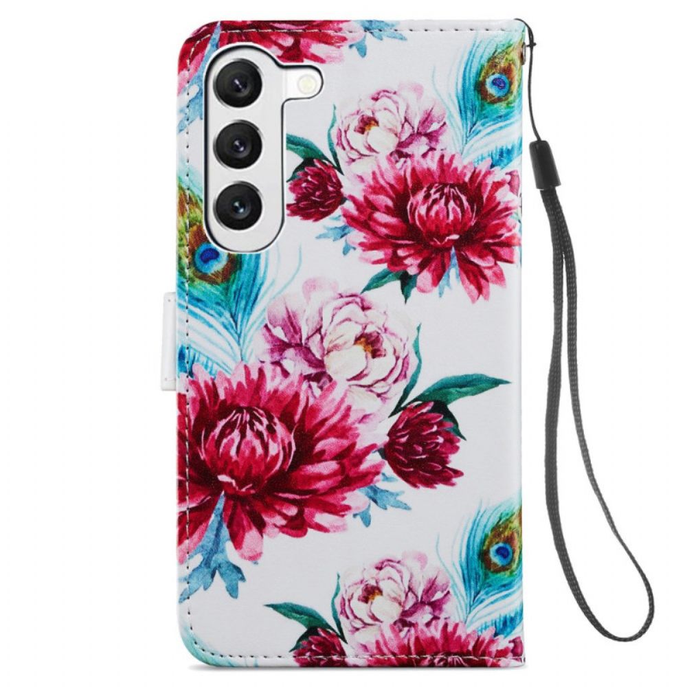 Leren Hoesje Samsung Galaxy S24 Plus 5g Bandje Met Pauwbloemmotief Bescherming Hoesje