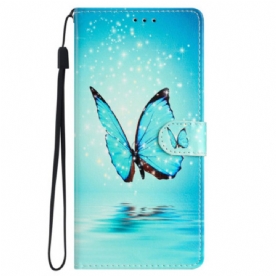 Leren Hoesje Samsung Galaxy S24 Plus 5g Blauwe Vlinder In Draagkoordvlucht Bescherming Hoesje