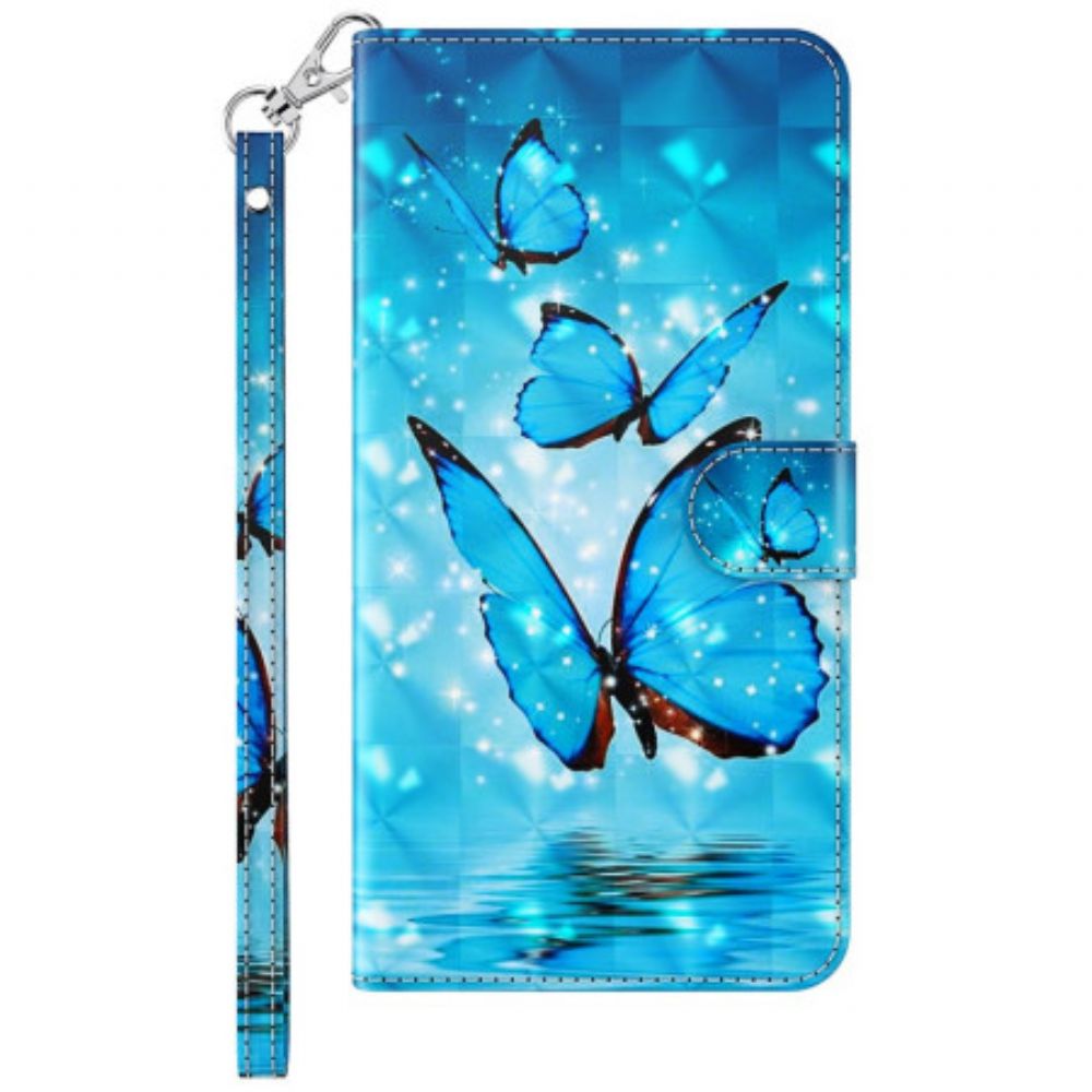 Leren Hoesje Samsung Galaxy S24 Plus 5g Blauwe Vlinders Met Riem Bescherming Hoesje