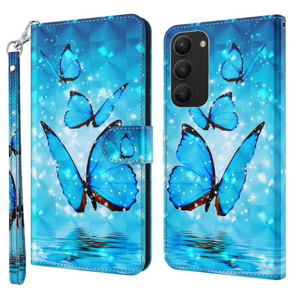 Leren Hoesje Samsung Galaxy S24 Plus 5g Blauwe Vlinders Met Riem Bescherming Hoesje