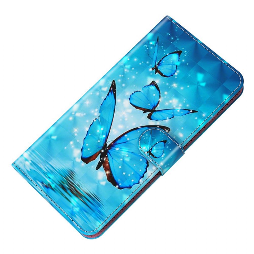 Leren Hoesje Samsung Galaxy S24 Plus 5g Blauwe Vlinders Met Riem Bescherming Hoesje