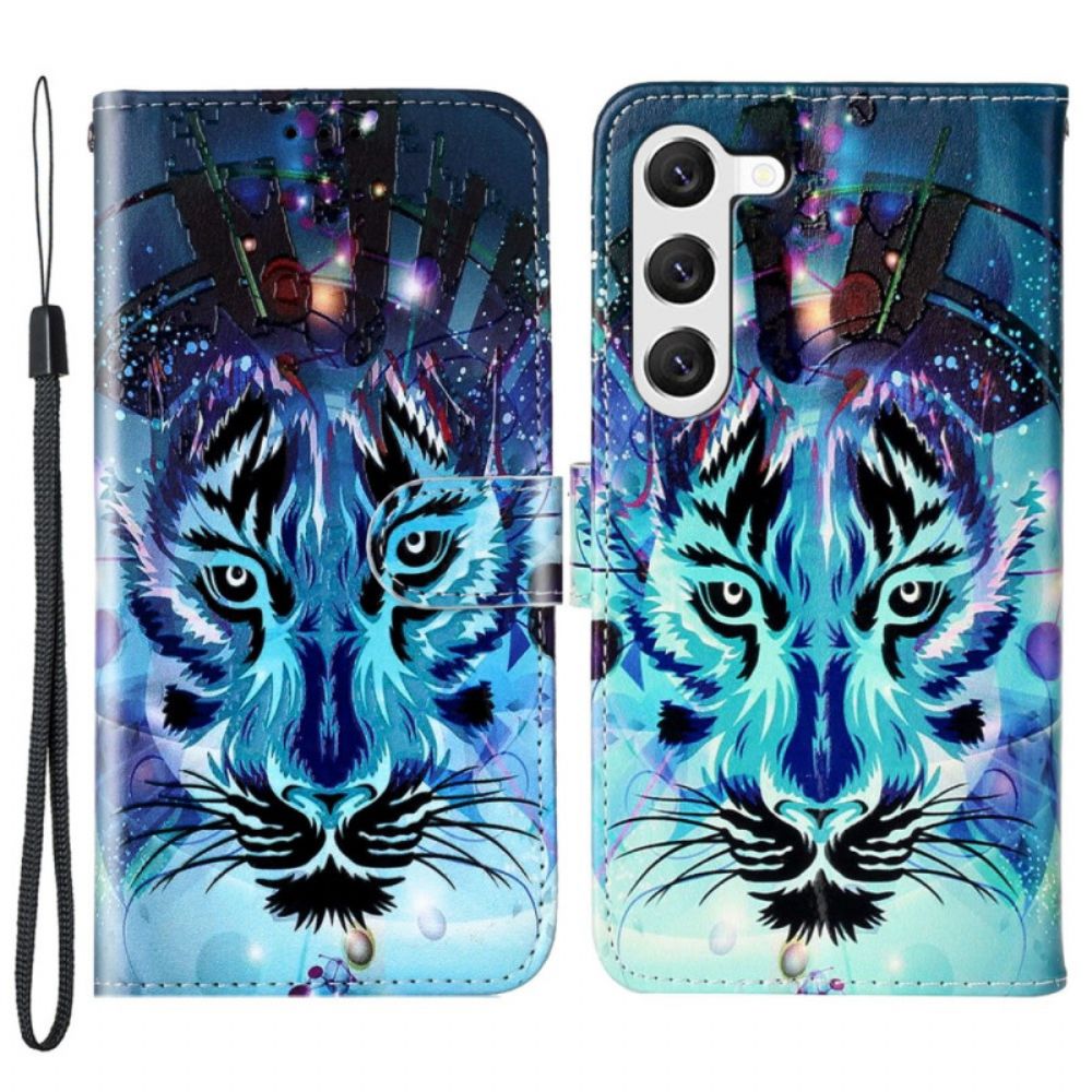 Leren Hoesje Samsung Galaxy S24 Plus 5g Kleurrijke Wolf Met Riem Bescherming Hoesje