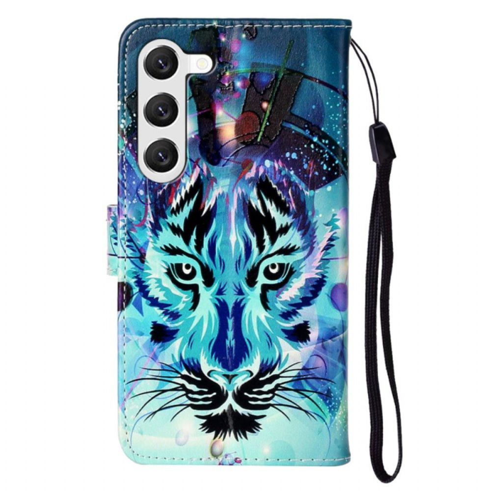 Leren Hoesje Samsung Galaxy S24 Plus 5g Kleurrijke Wolf Met Riem Bescherming Hoesje