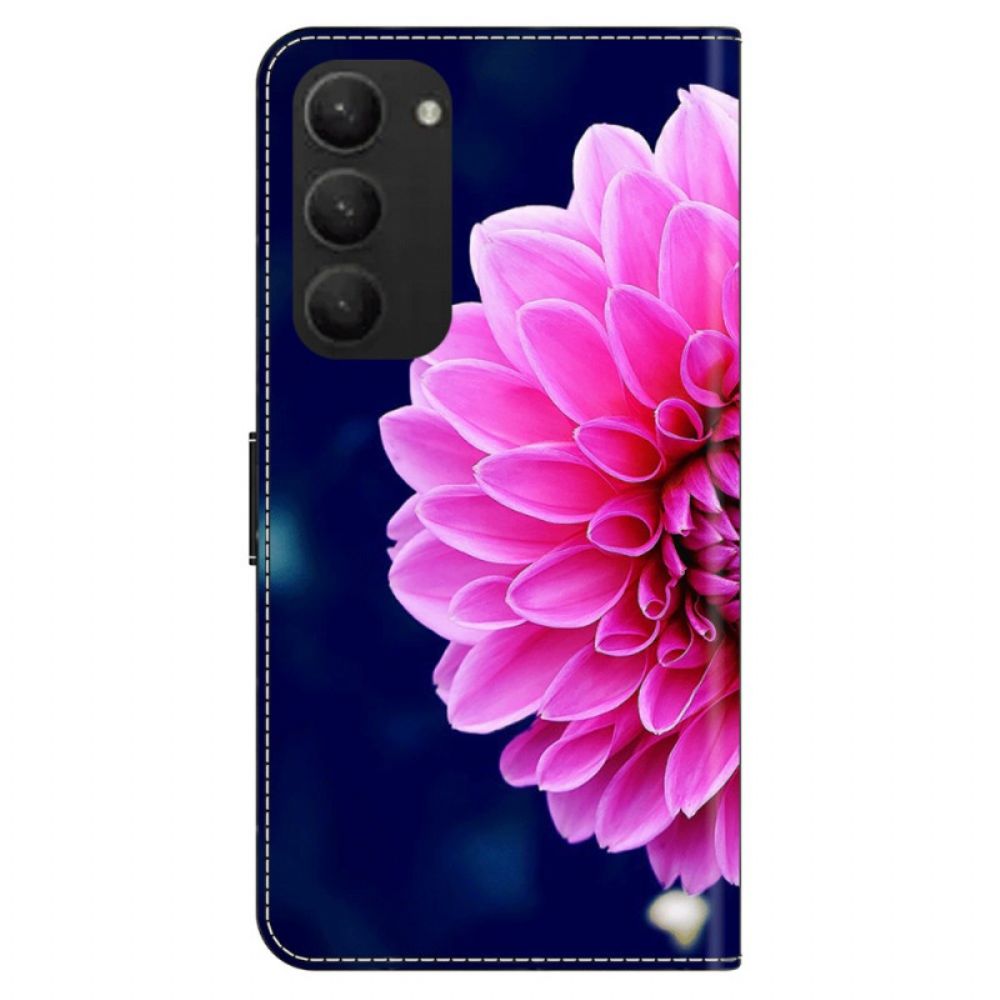 Leren Hoesje Samsung Galaxy S24 Plus 5g Roze Bloemen Op Blauwe Achtergrond Bescherming Hoesje