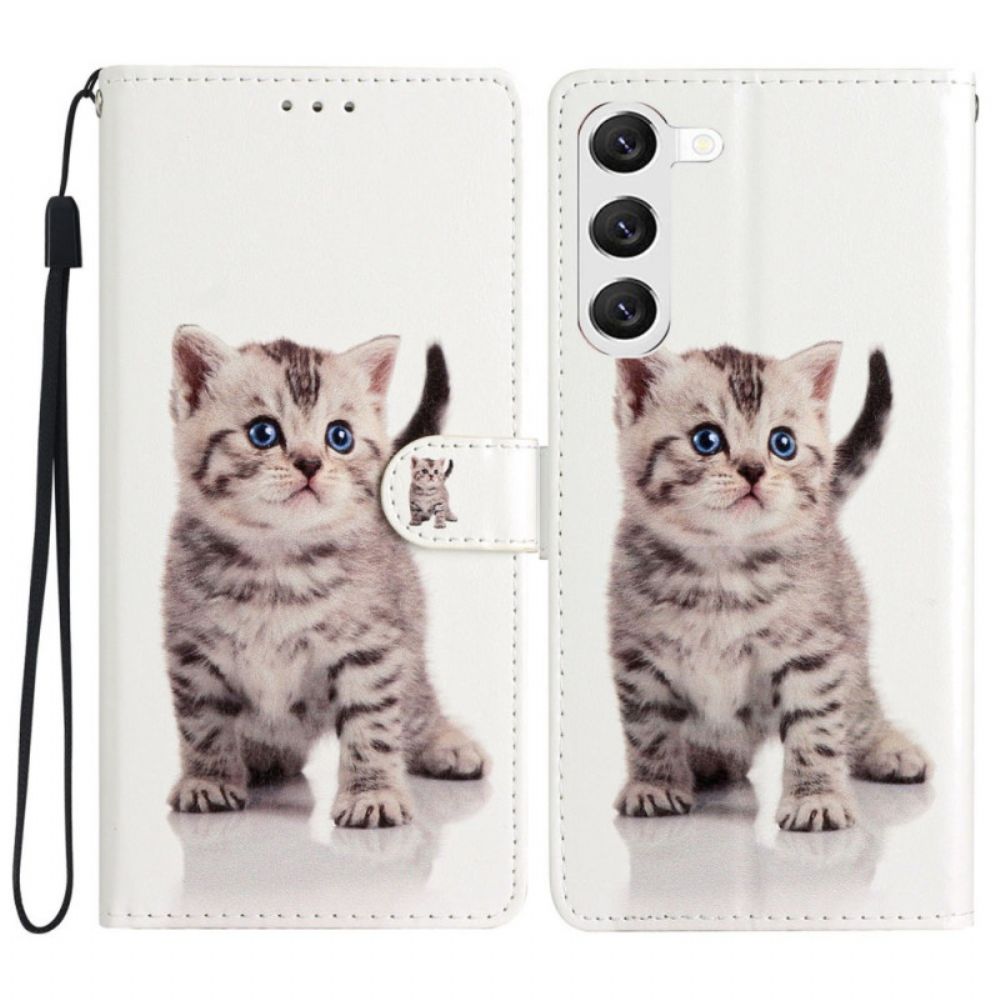 Leren Hoesje Samsung Galaxy S24 Plus 5g Schattige Kat Met Riem Bescherming Hoesje