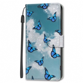 Leren Hoesje Samsung Galaxy S24 Plus 5g Witte Wolk Met Blauwe Vlinders Met Riem