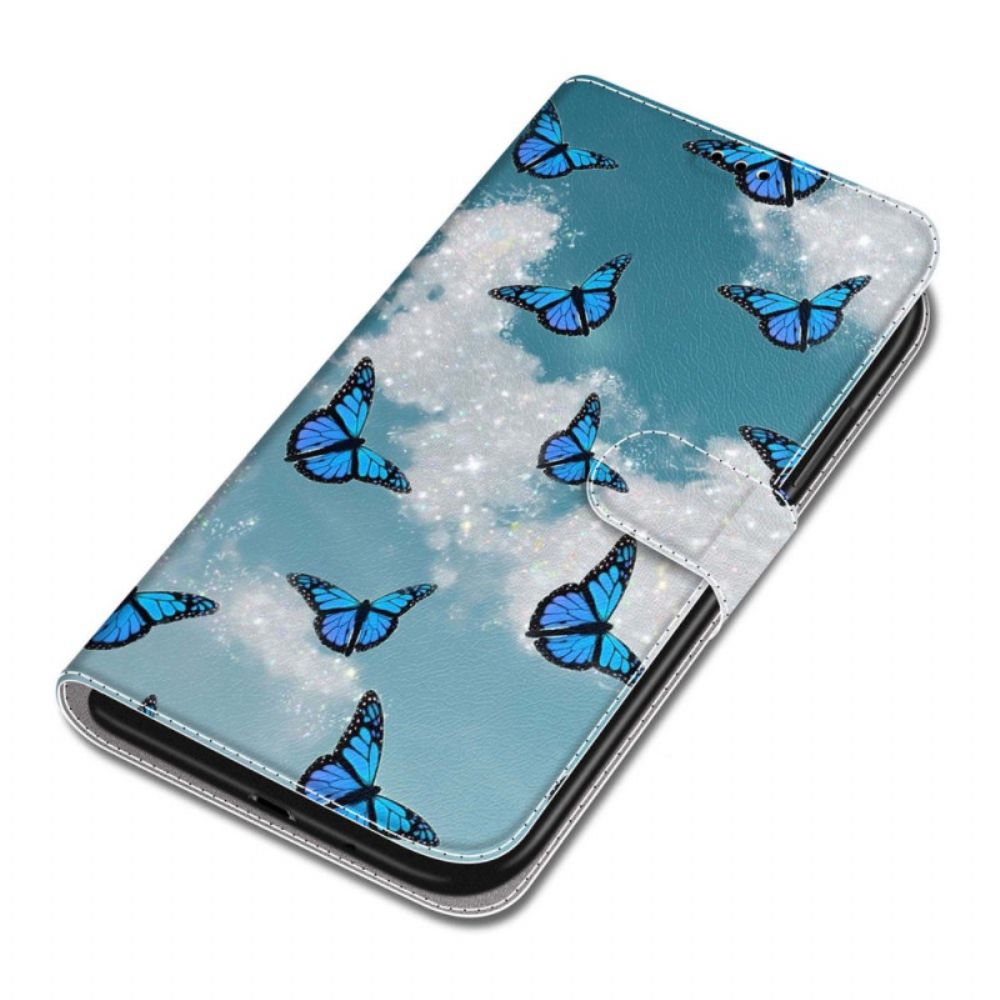 Leren Hoesje Samsung Galaxy S24 Plus 5g Witte Wolk Met Blauwe Vlinders Met Riem