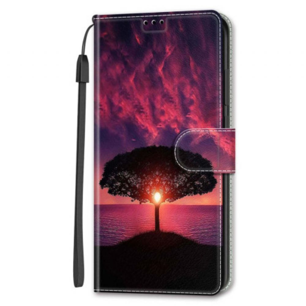 Leren Hoesje Samsung Galaxy S24 Plus 5g Zwarte Boom Bij Zonsondergang Met Riem Bescherming Hoesje