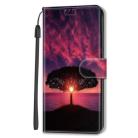 Leren Hoesje Samsung Galaxy S24 Plus 5g Zwarte Boom Bij Zonsondergang Met Riem Bescherming Hoesje