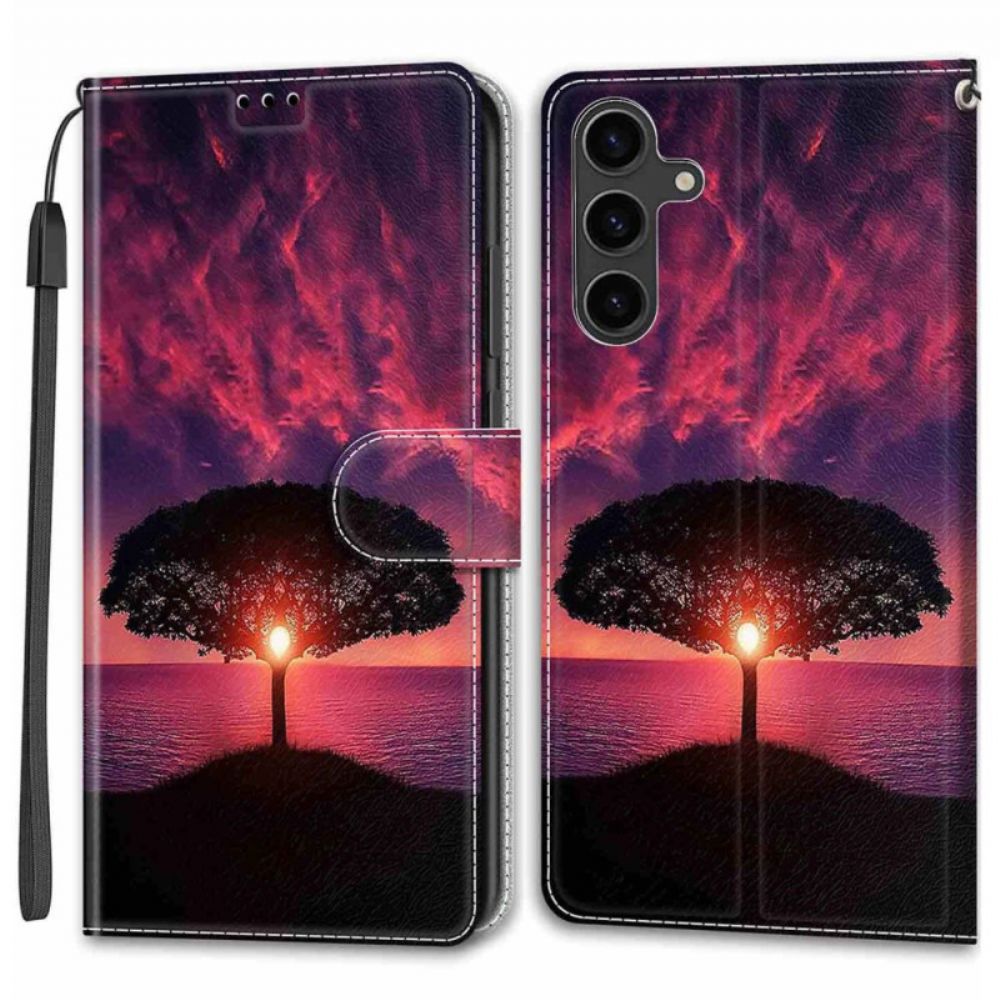 Leren Hoesje Samsung Galaxy S24 Plus 5g Zwarte Boom Bij Zonsondergang Met Riem Bescherming Hoesje