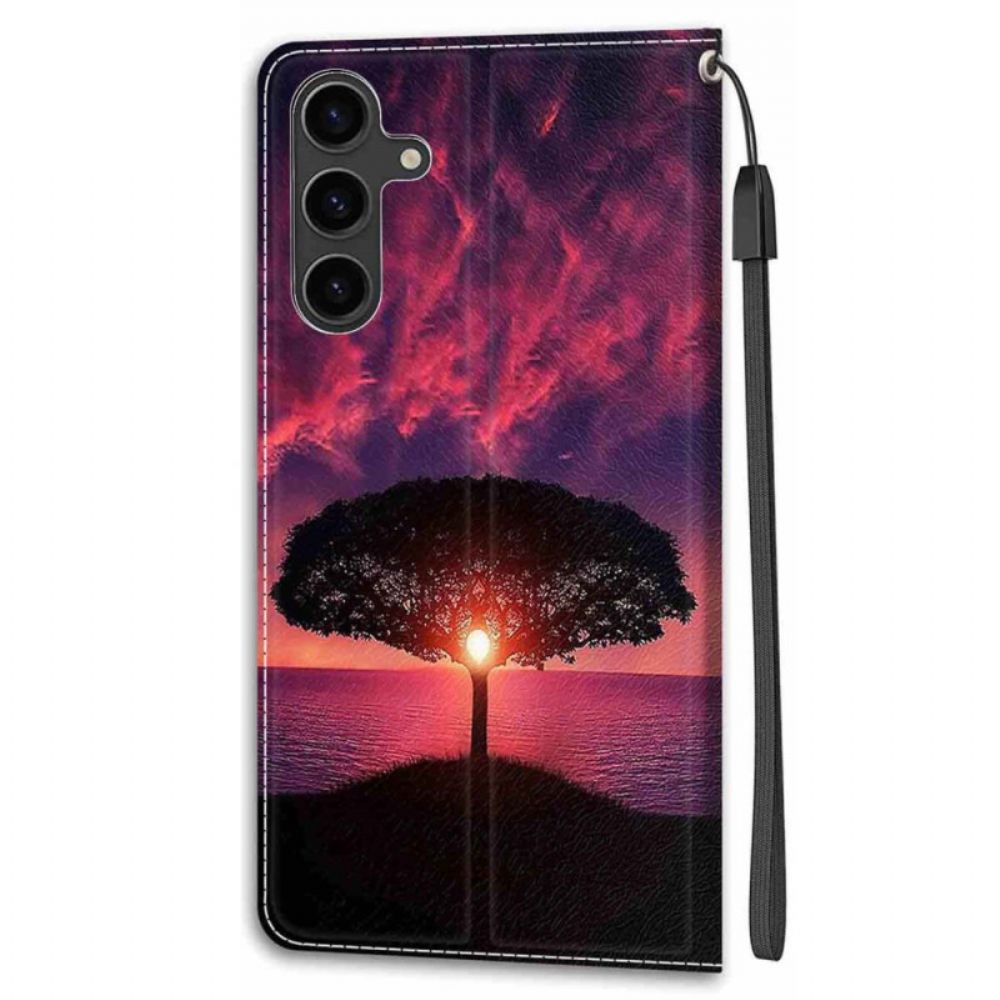 Leren Hoesje Samsung Galaxy S24 Plus 5g Zwarte Boom Bij Zonsondergang Met Riem Bescherming Hoesje