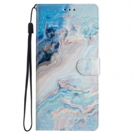 Leren Hoesje Voor Samsung Galaxy S24 Plus 5g Blauw Marmer Met Riem