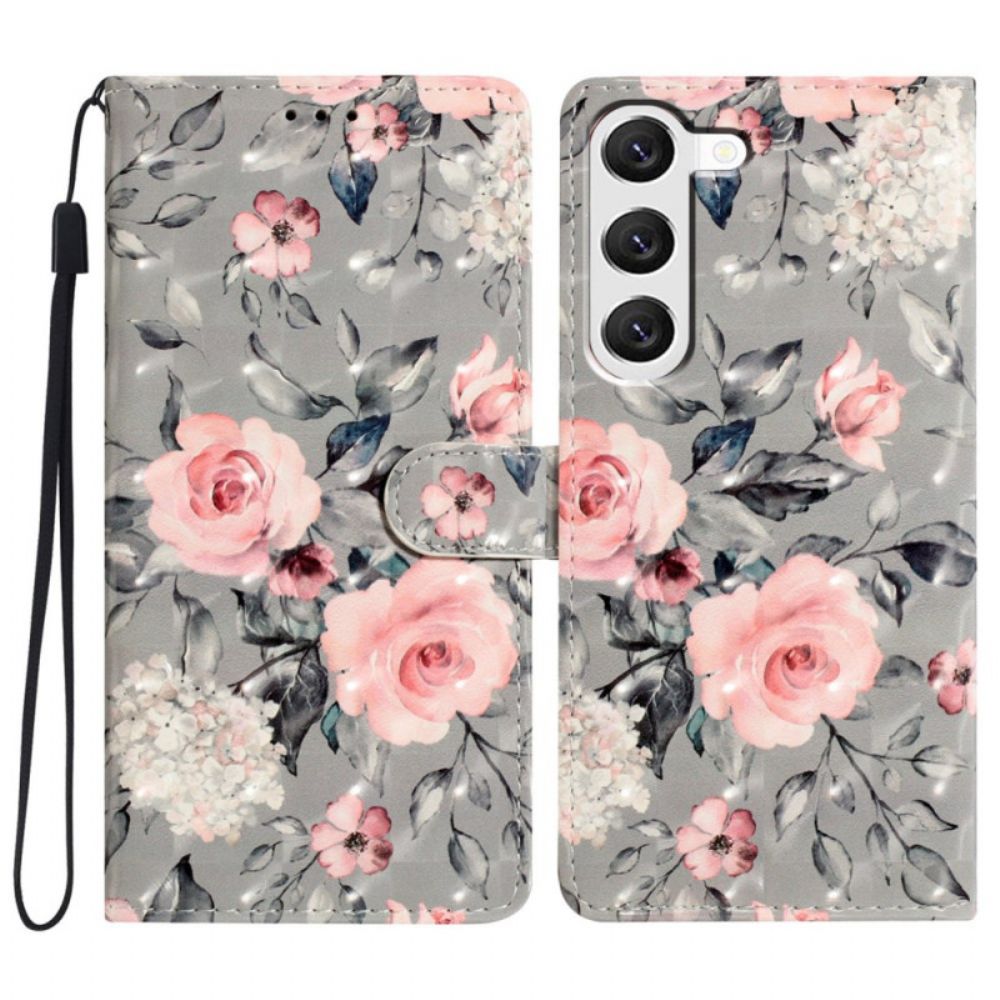 Leren Hoesje Voor Samsung Galaxy S24 Plus 5g Bloemen Met Riempje