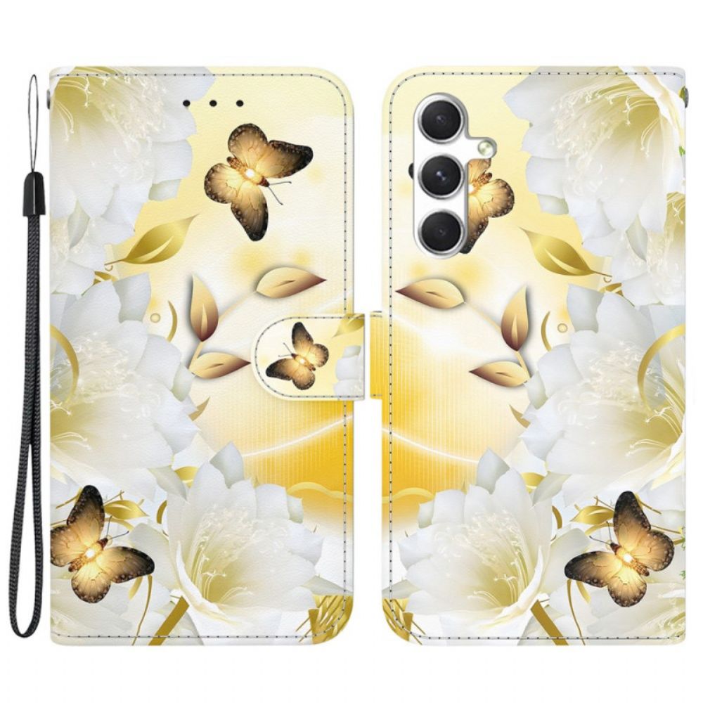 Leren Hoesje Voor Samsung Galaxy S24 Plus 5g Gouden Vlinders En Bloemen Met Riempje