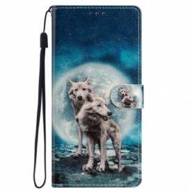 Leren Hoesje Voor Samsung Galaxy S24 Plus 5g Twee Wolven Met Riemen