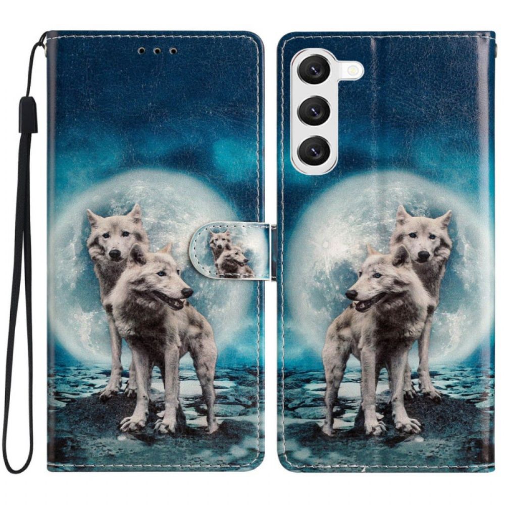 Leren Hoesje Voor Samsung Galaxy S24 Plus 5g Twee Wolven Met Riemen