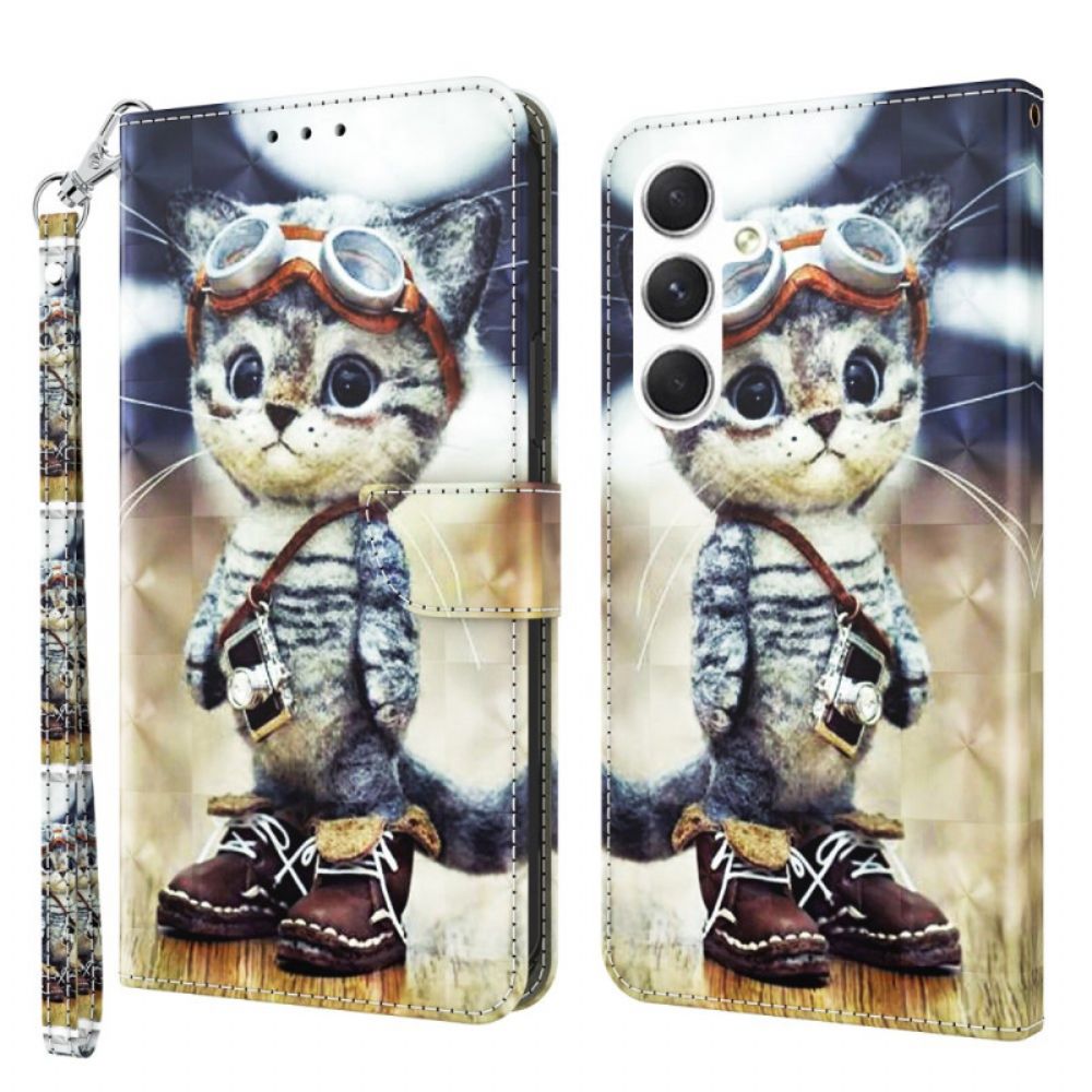 Leren Hoesje Voor Samsung Galaxy S24 Plus 5g Vliegenier Kat Met Riem