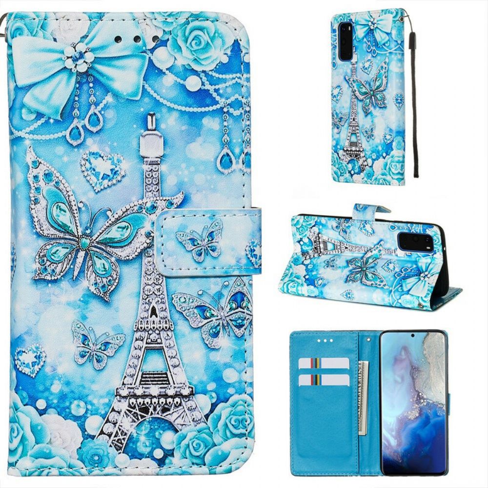 Folio-hoesje voor Samsung Galaxy S20 Met Ketting Eiffeltoren Vlinderriem