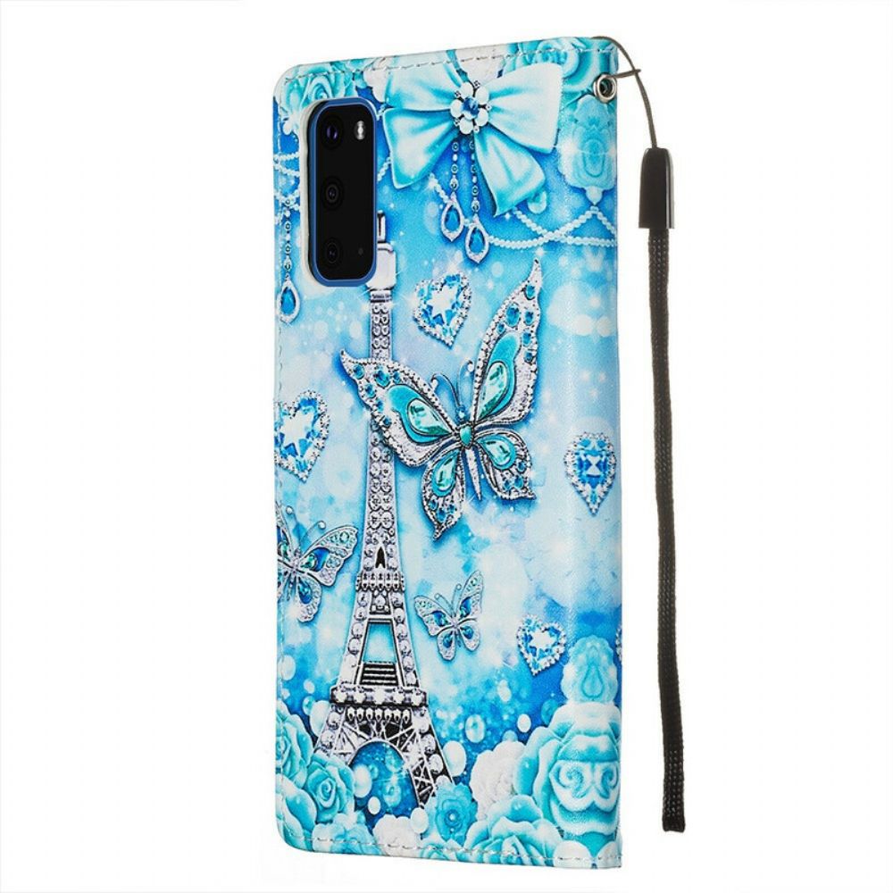 Folio-hoesje voor Samsung Galaxy S20 Met Ketting Eiffeltoren Vlinderriem