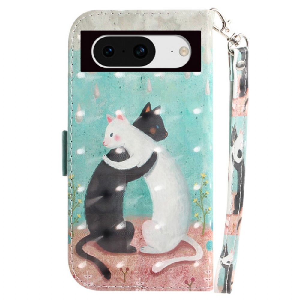 Flip Case Leren Google Pixel 8 Zwarte Kat Witte Kat Met Riem