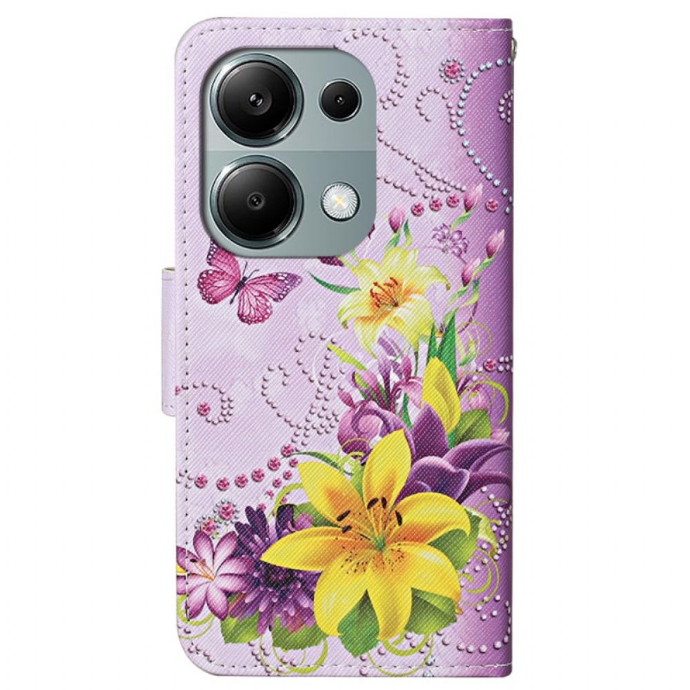 Bescherming Hoesje Xiaomi Redmi Note 13 Pro 4g Gele Bloemen En Vlinders Met Riempje