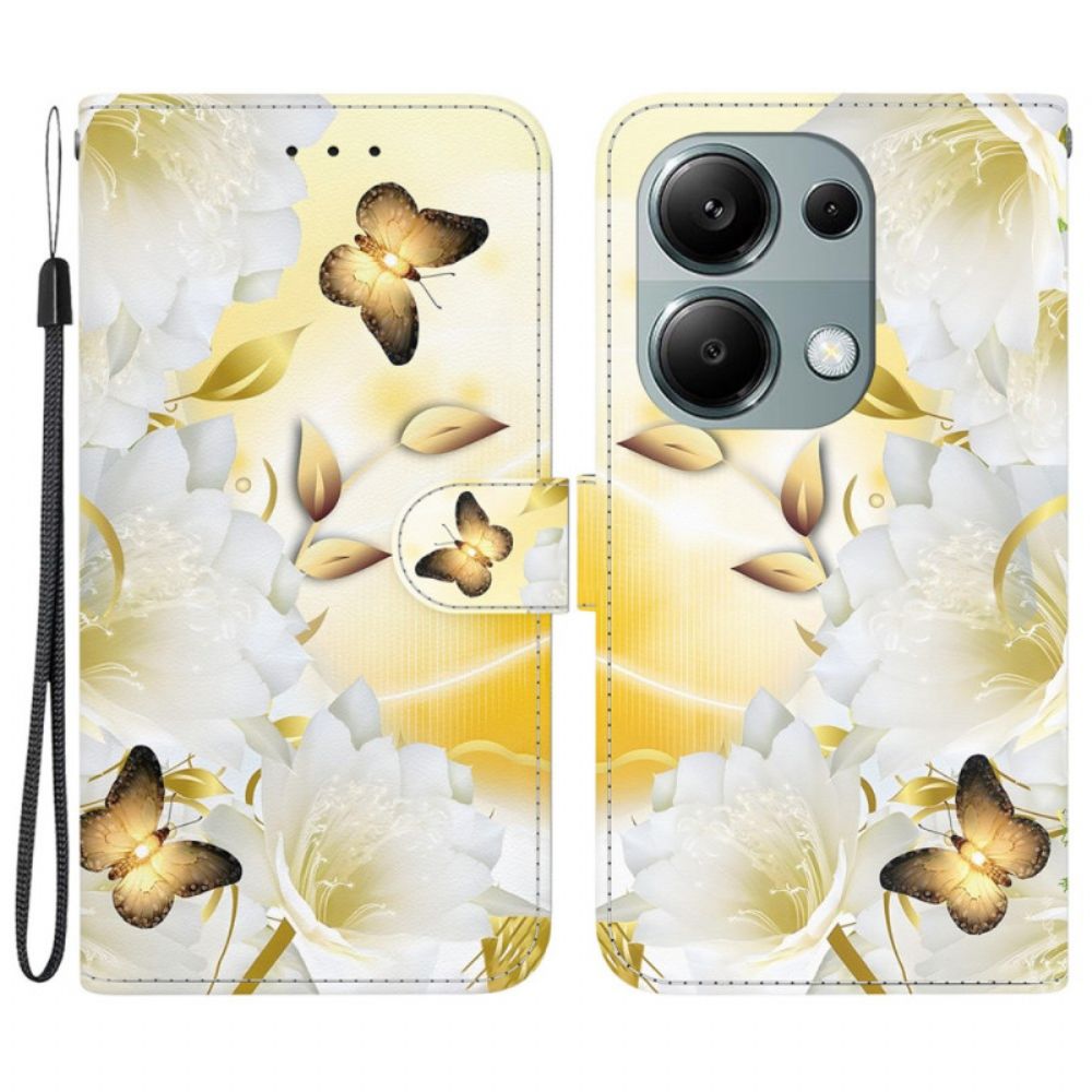 Folio-hoesje Xiaomi Redmi Note 13 Pro 4g Gouden Vlinders En Witte Bloemen Met Riempje