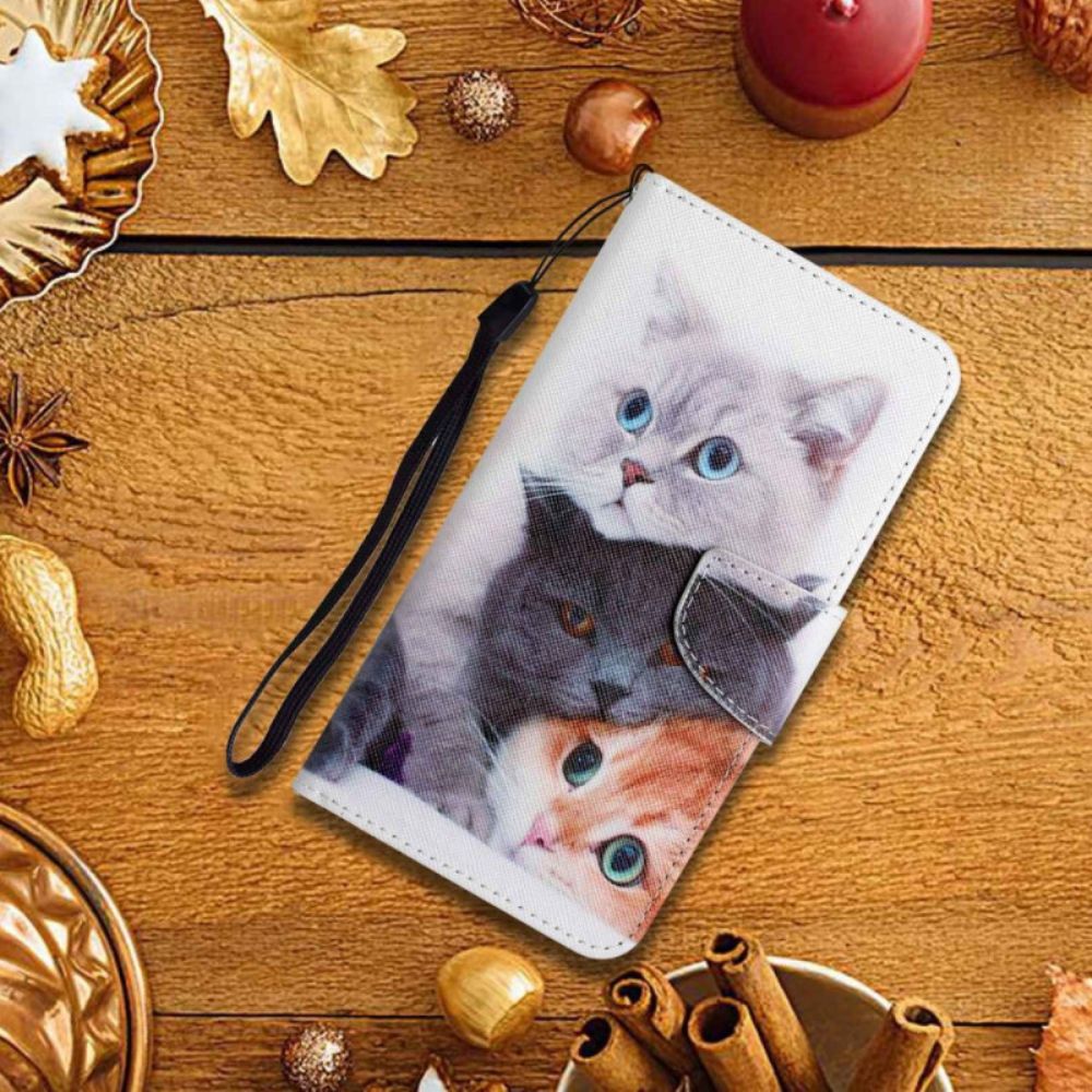 Leren Hoesje Voor Xiaomi Redmi Note 13 Pro 4g Drie Katten Met Riemen