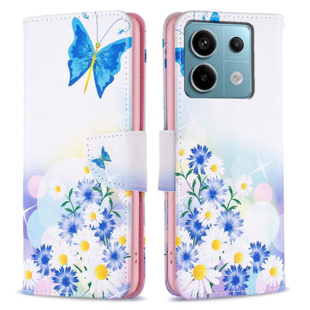 Leren Hoesje Voor Xiaomi Redmi Note 13 Pro 4g Vlinder En Bloemen Aquarel