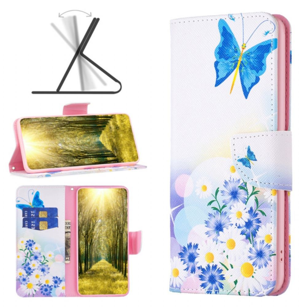 Leren Hoesje Voor Xiaomi Redmi Note 13 Pro 4g Vlinder En Bloemen Aquarel