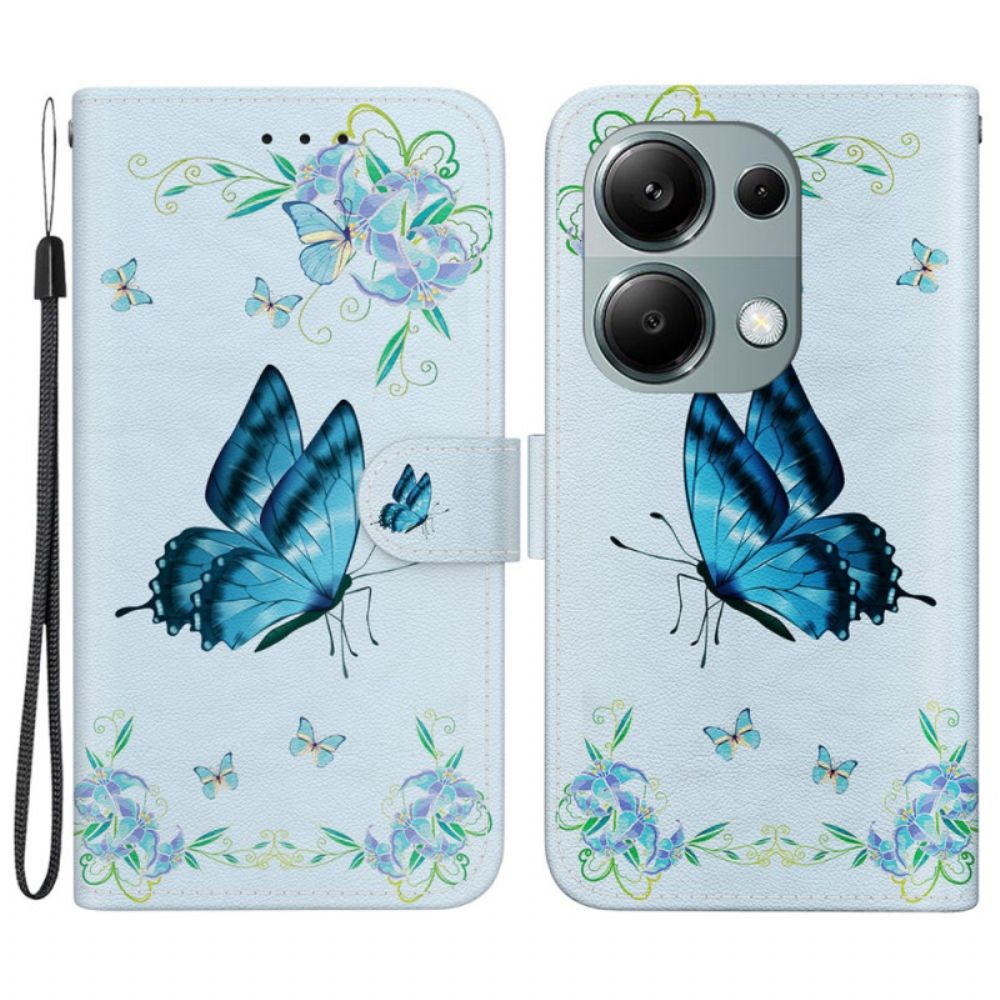 Leren Hoesje Xiaomi Redmi Note 13 Pro 4g Blauwe Vlinder En Bloemen Met Riempje