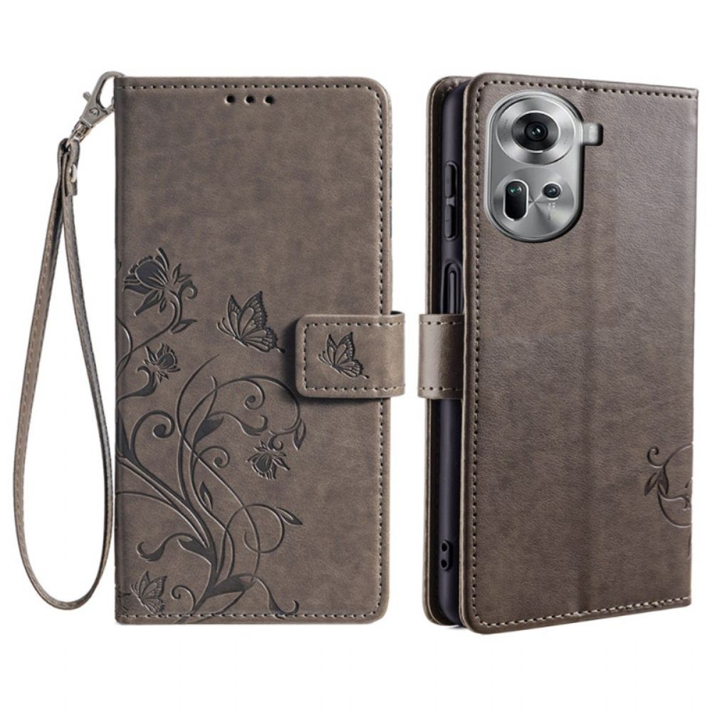 Bescherming Hoesje Oppo Reno 11 5g Vlinders En Bloemen Met Riem