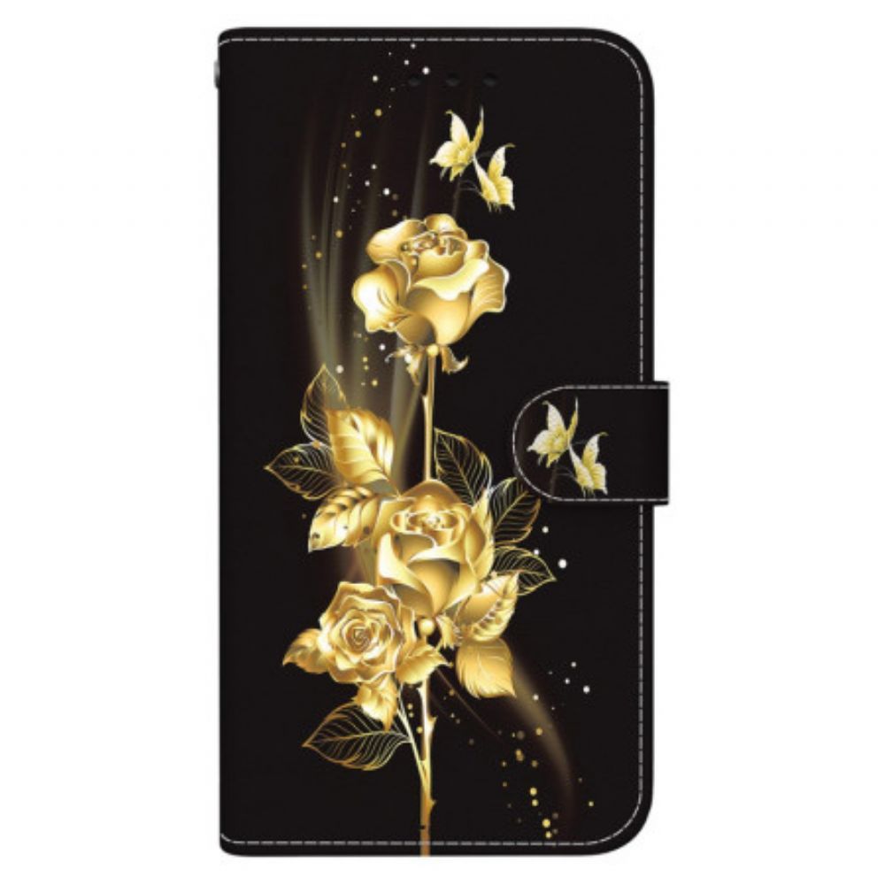 Flip Case Leren Oppo Reno 11 5g Gouden En Roze Vlinders Met Riem