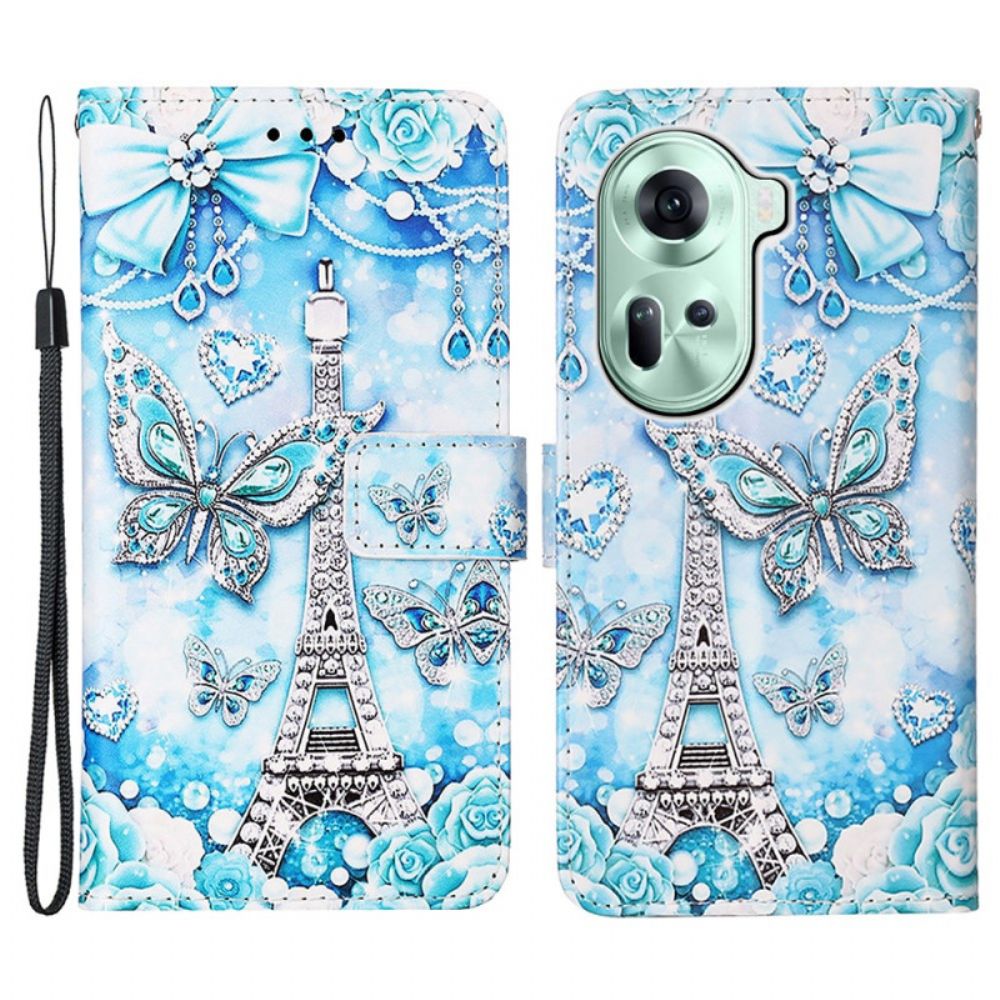 Leren Hoesje Oppo Reno 11 5g Eiffeltoren En Vlinders Met Riem