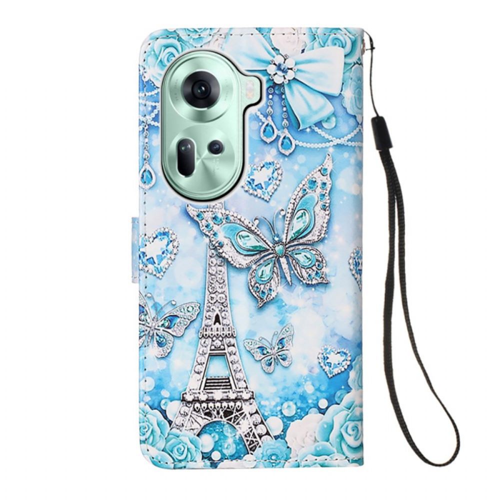 Leren Hoesje Oppo Reno 11 5g Eiffeltoren En Vlinders Met Riem