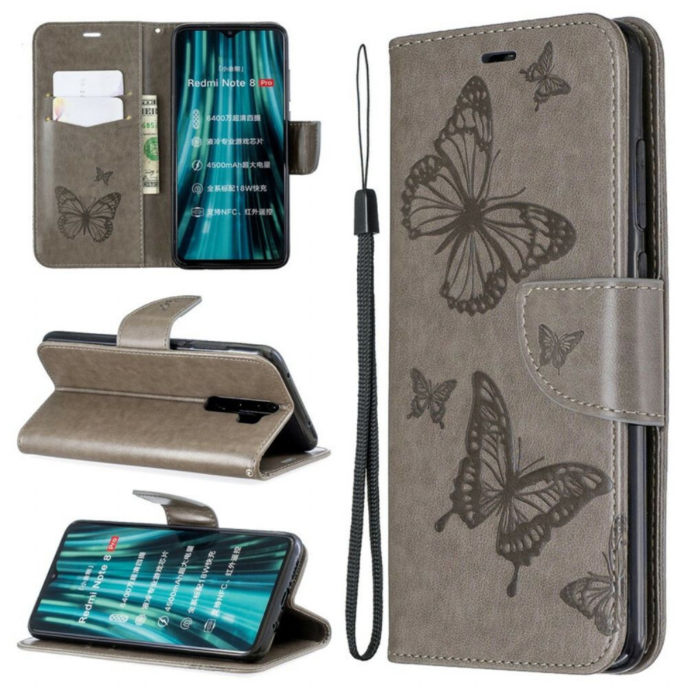 Folio-hoesje voor Xiaomi Redmi Note 8 Pro Met Ketting Bandje Met Vlinderprint