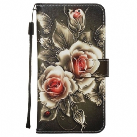 Folio-hoesje voor Xiaomi Redmi Note 8 Pro Met Ketting Zwarte Roos Met Riem