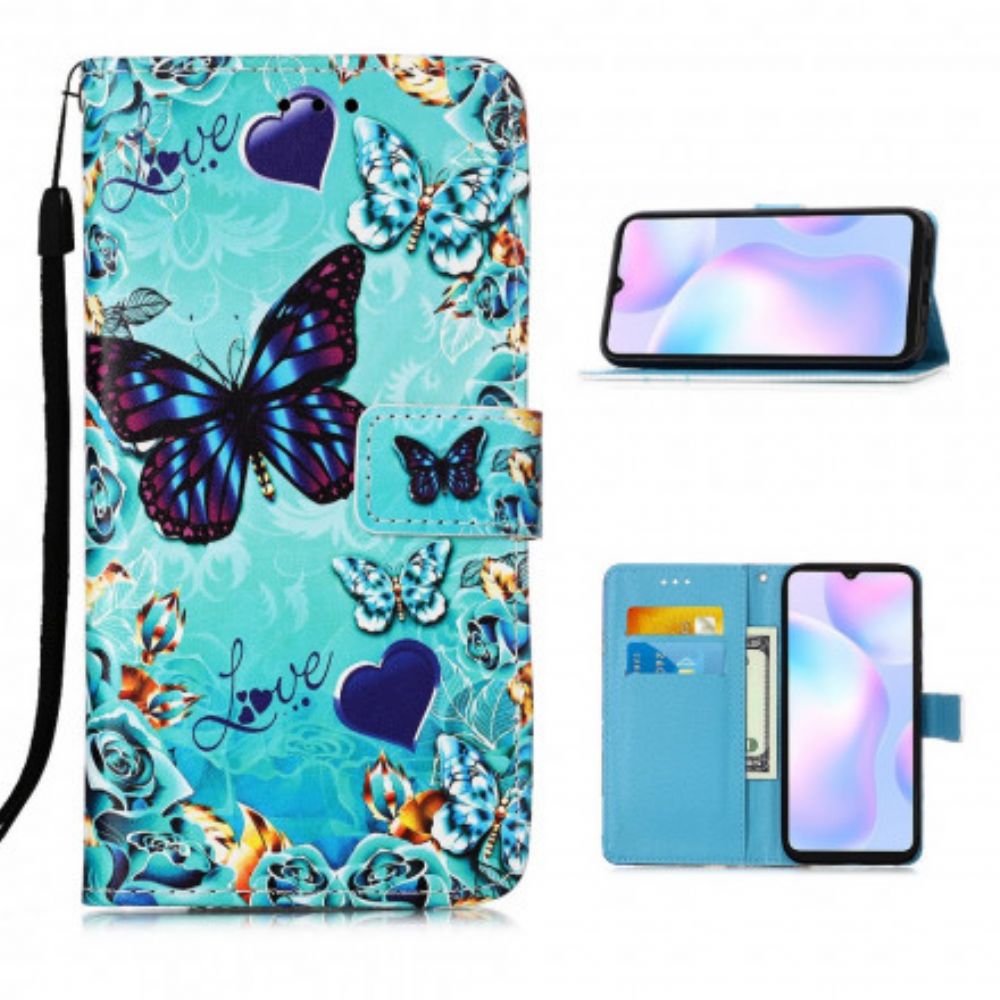 Folio-hoesje voor Xiaomi Redmi 9A Met Ketting Liefde Vlinders Strappy